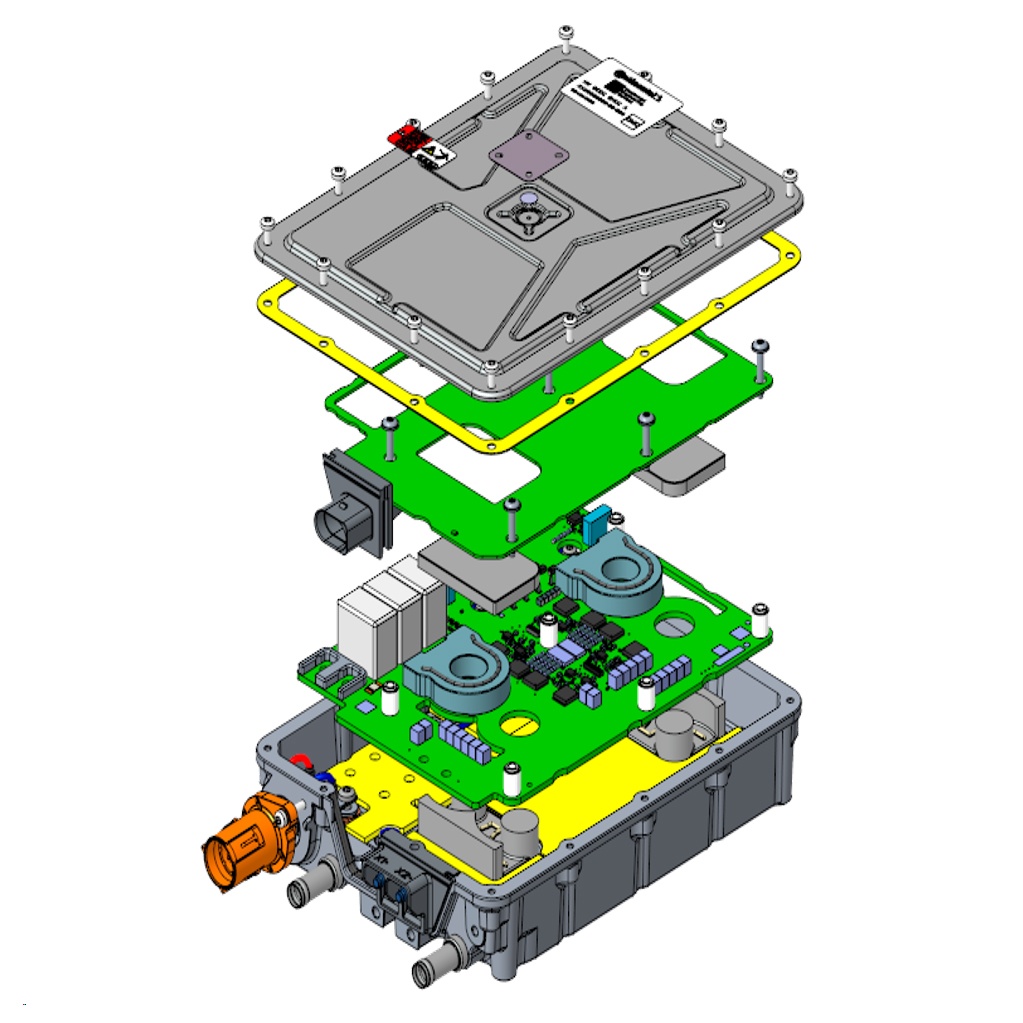 An exploded view of an electronic device, showing multiple layers of circuit boards and components. The image highlights various interconnected parts, including a green circuit board, a yellow base, and an outer gray casing, along with connectors and screws.